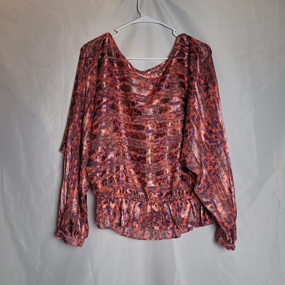 Free People Floral Dolman Sleeve Peplum Smocked Blouse Size L